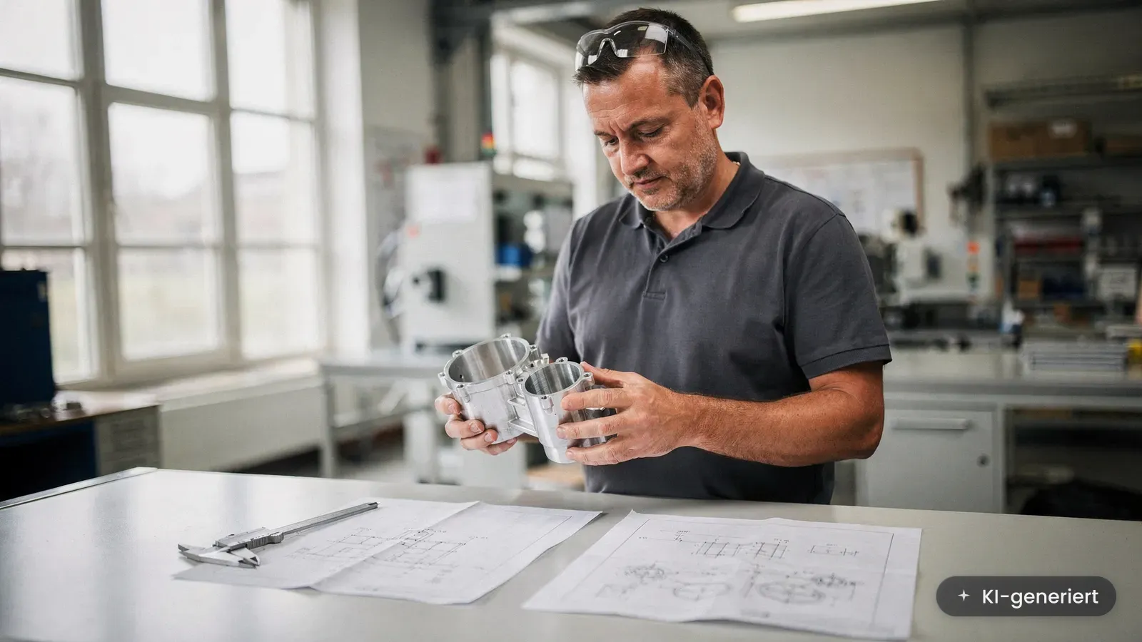 KI in Forschung und Entwicklung: Ingenieur prüft gefrästes Prototyp-Bauteil im Entwicklungslabor (KI-generiertes Bild)