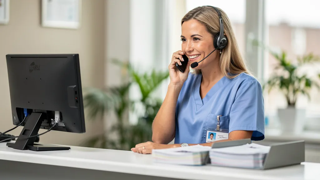 Tierarztpraxis-Mitarbeiterin telefoniert freundlich am modernen Empfang