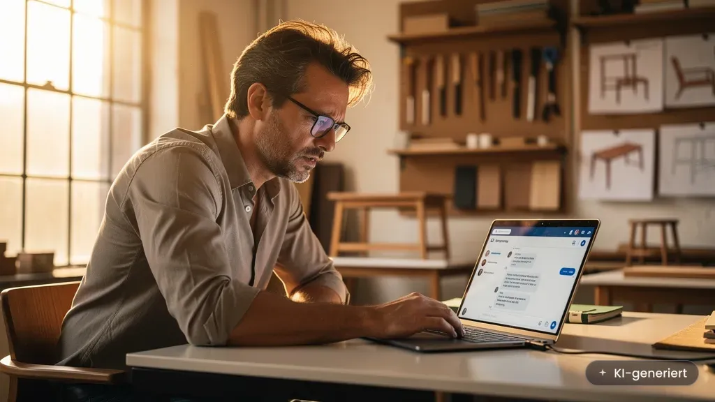 Prompt injection: KMU-Geschäftsführer prüft besorgt einen Support-Chat mit einem KI-Agenten am Laptop (KI-generiertes Bild)