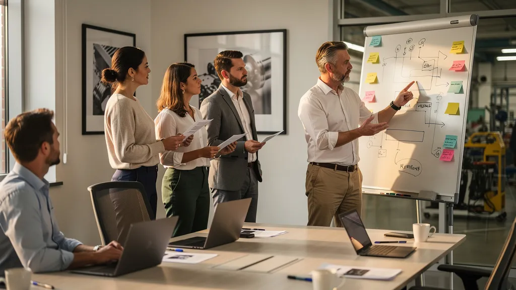 Geschäftsführer und Team planen die KI-Einführung im Unternehmen entlang einer 90-Tage-Roadmap am Whiteboard