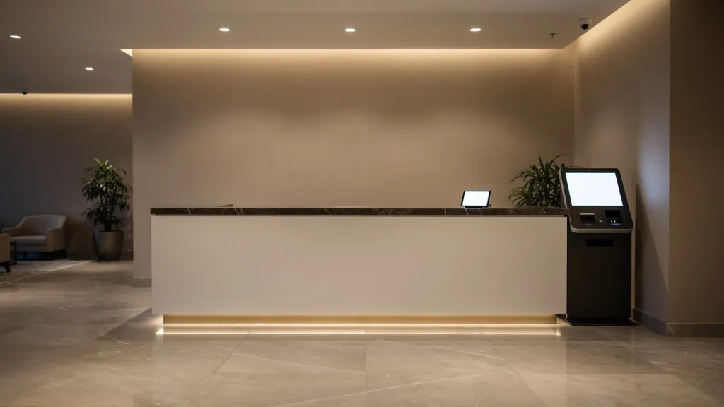 Digitaler Empfang Hotel 2026: moderne Hotelrezeption am Abend mit Self-Service-Terminal und Tablet