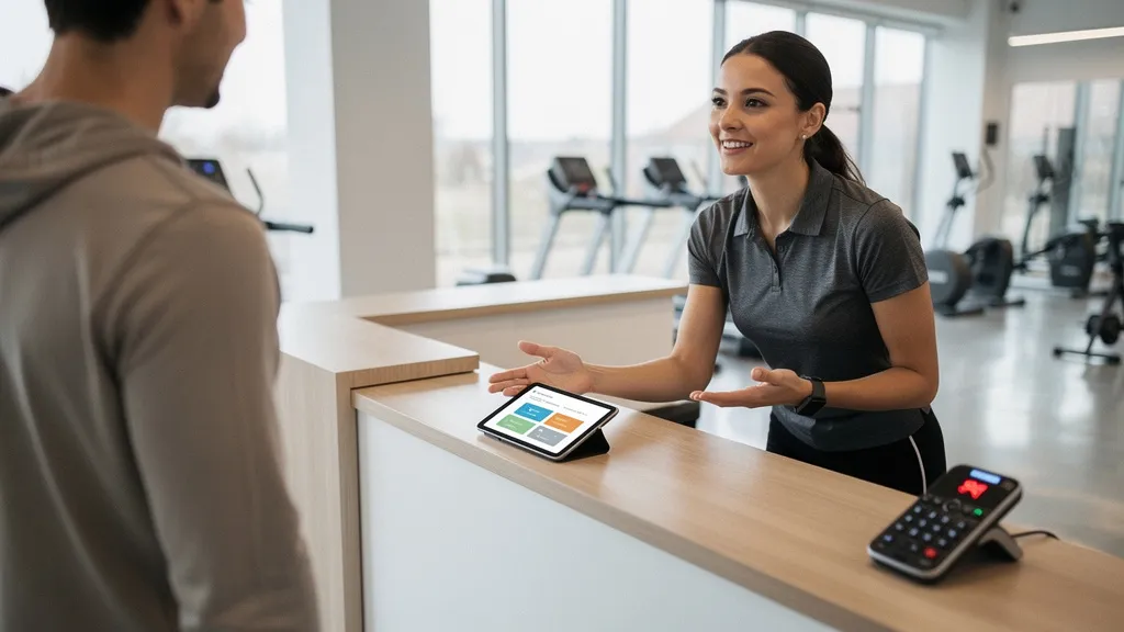 Beratung unterbrochen Telefon Fitnessstudio: Empfang berät Interessent während das Telefon klingelt