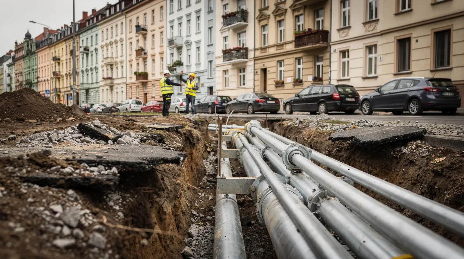 Kommunale Wärmeplanung 2026: Fernwärmeleitungen werden in einer deutschen Wohnstraße verlegt