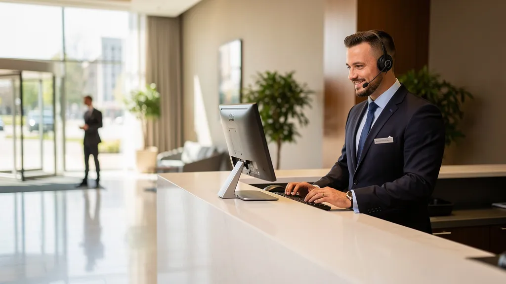 Hotelmitarbeiter an der Rezeption mit Headset beantwortet telefonisch Standardfragen von Gästen im hellen Lobby-Bereich