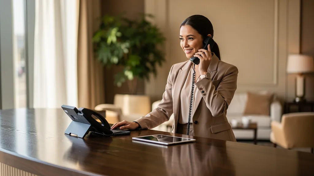 KI-Telefonassistent Hotel: Rezeptionistin nimmt am Empfang einen Anruf entgegen, Vergleich zum klassischen Telefonservice