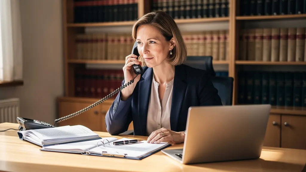 Notarin am Schreibtisch nimmt im Büro ein Telefongespräch mit einem Mandanten an, statt einer Bandansage