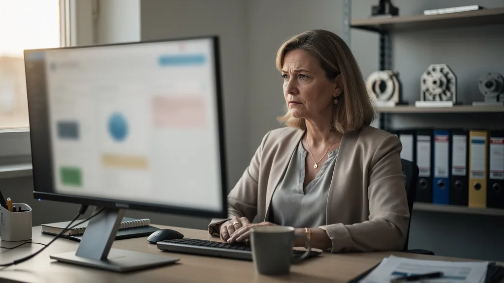 KI-Agenten im Mittelstand: Geschäftsführerin im Büro analysiert digitalen Mitarbeiter am Bildschirm