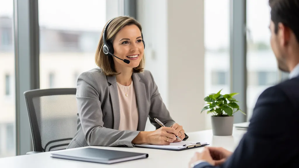 Versicherungsmaklerin mit Headset im Maklerbüro – Telefonservice vs KI-Telefonbot Versicherung im Beratungsgespräch