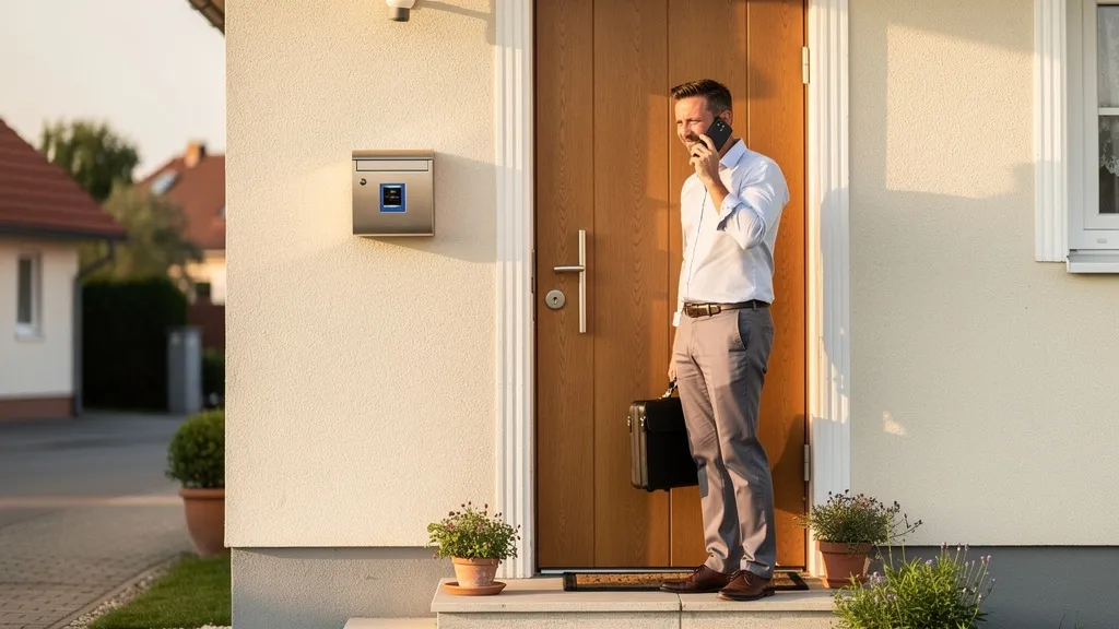 Vermieter beantwortet am Smartphone den Anruf eines Ferienwohnungsgastes vor der Schlüsselbox am Eingang