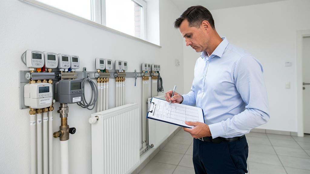 Hausverwalter prüft fernablesbare Zähler im Heizungsraum, Heizkostenverordnung 2026