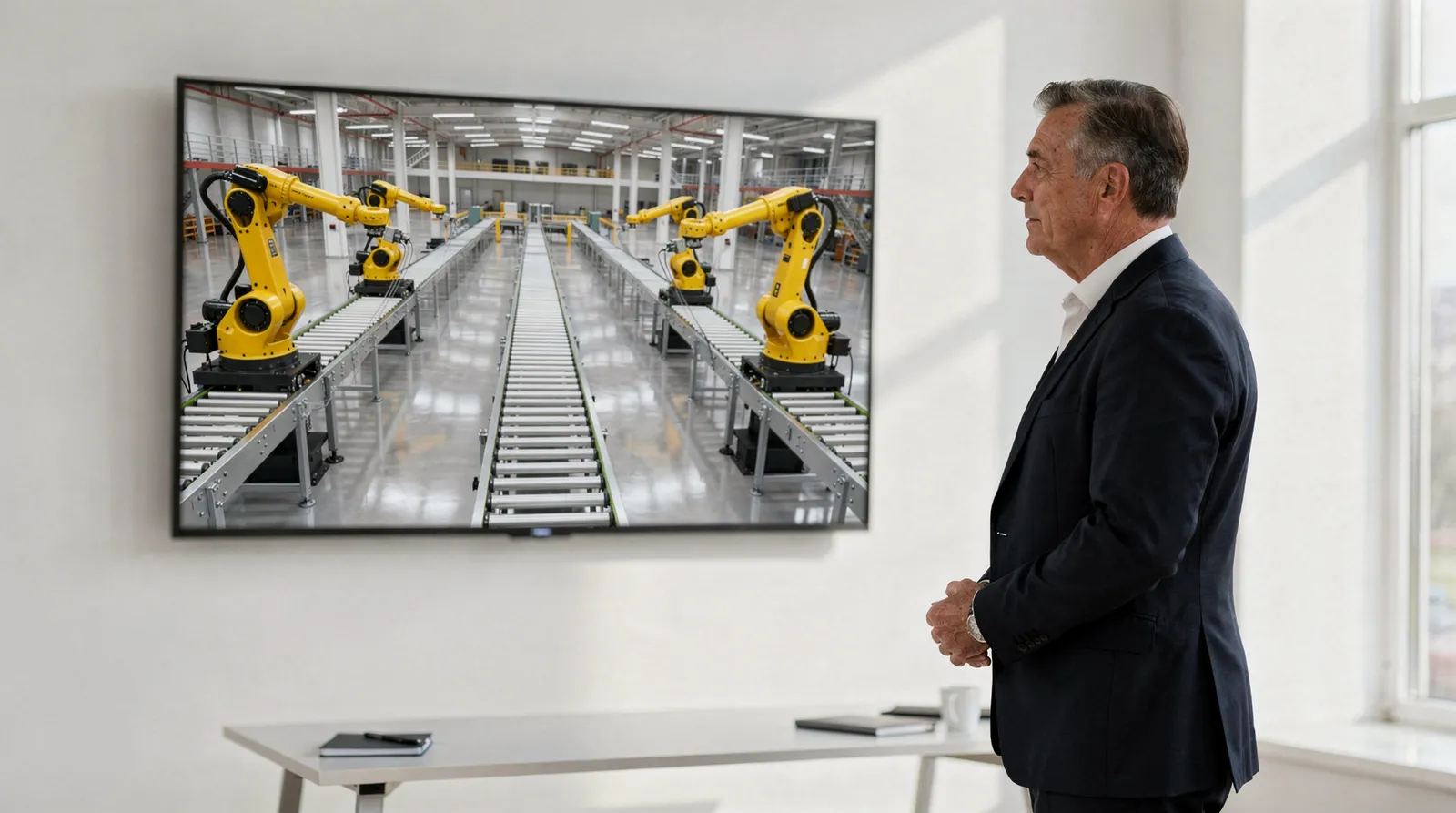 Geschäftsführer betrachtet die 3D-Weltmodell-Simulation einer Fabrikhalle mit Industrierobotern auf einem großen Display