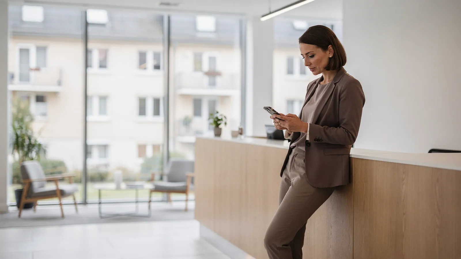 Mieterportal Hausverwaltung: Mitarbeiterin prüft Anliegen im Portal per Smartphone im Verwaltungsbüro