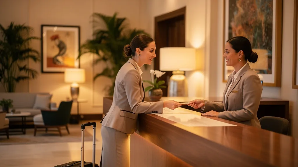 Hotelrezeptionistin begrüßt persönlich einen Gast an der Theke