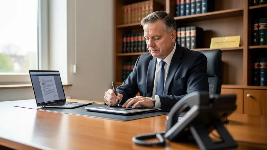 Notarin signiert eine Urkunde am Unterschriftenpad im modernen Notariat, im Vordergrund klingelt das Telefon
