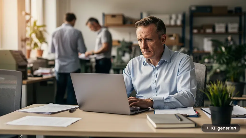 KI-Sicherheitsrisiken im Mittelstand: Unternehmer prüft am Laptop mögliche Gefahren (KI-generiertes Bild)