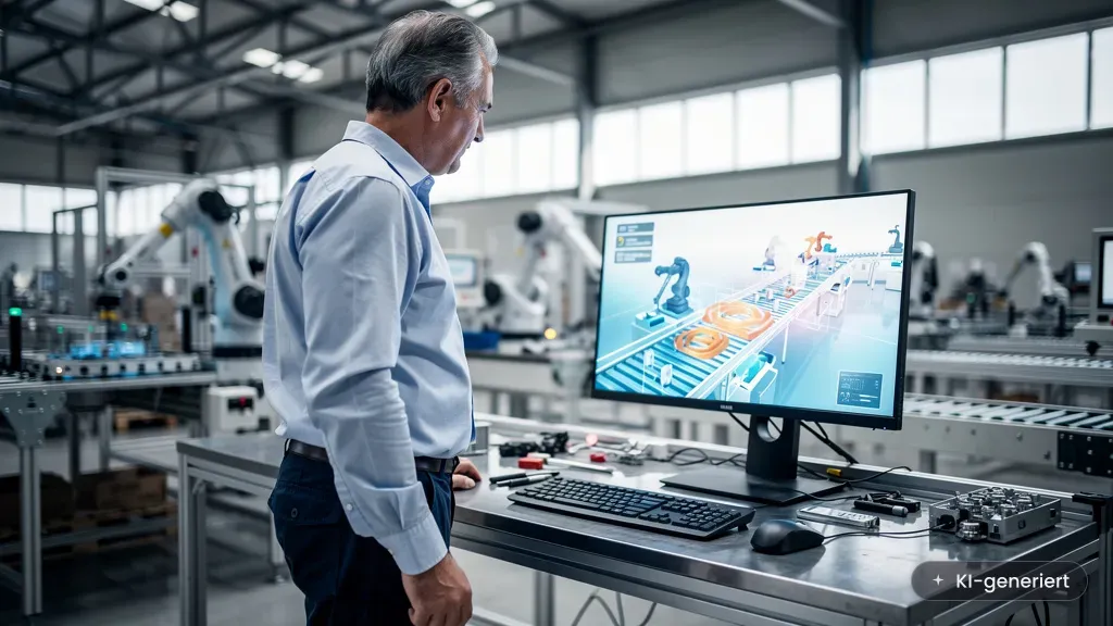 Digitaler Zwilling im Mittelstand: Fabrikchef prüft Produktionslinie an Simulation am Monitor (KI-generiertes Bild)