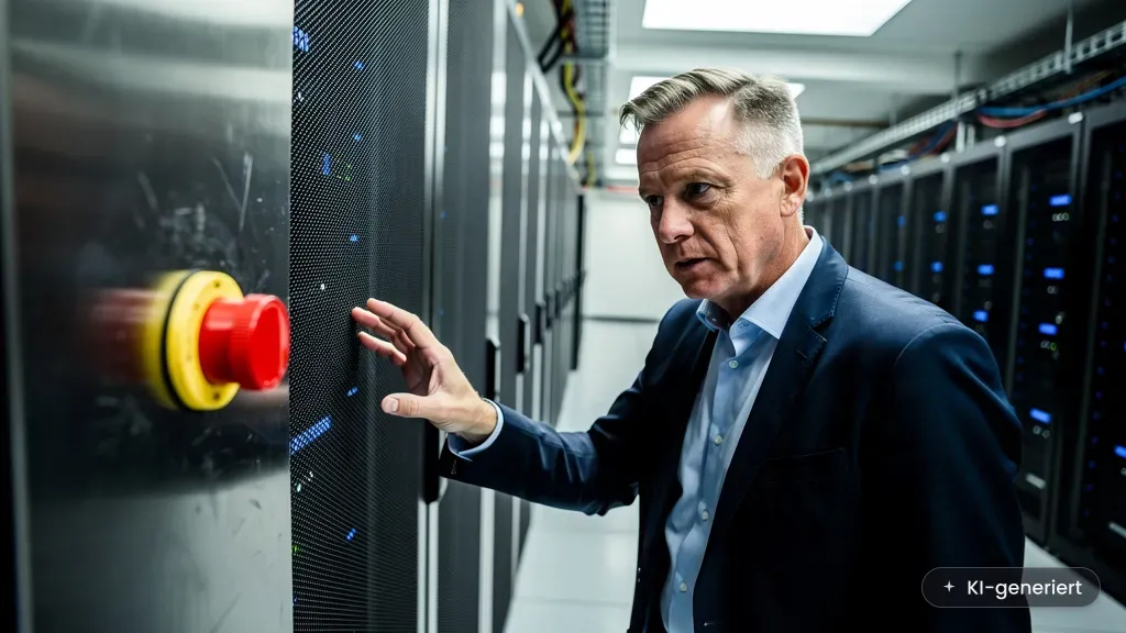 KI abschalten: Geschäftsführer vor rotem Not-Aus-Schalter zwischen Serverschränken im Rechenzentrum (KI-generiertes Bild)