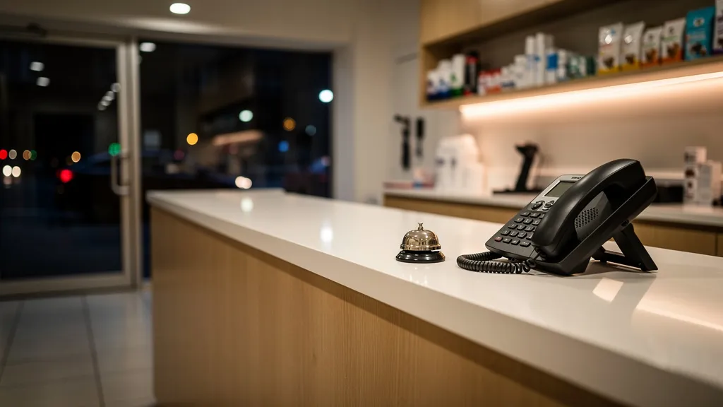 Leerer Empfangstresen einer Tierarztpraxis am Abend mit klingelndem Telefon