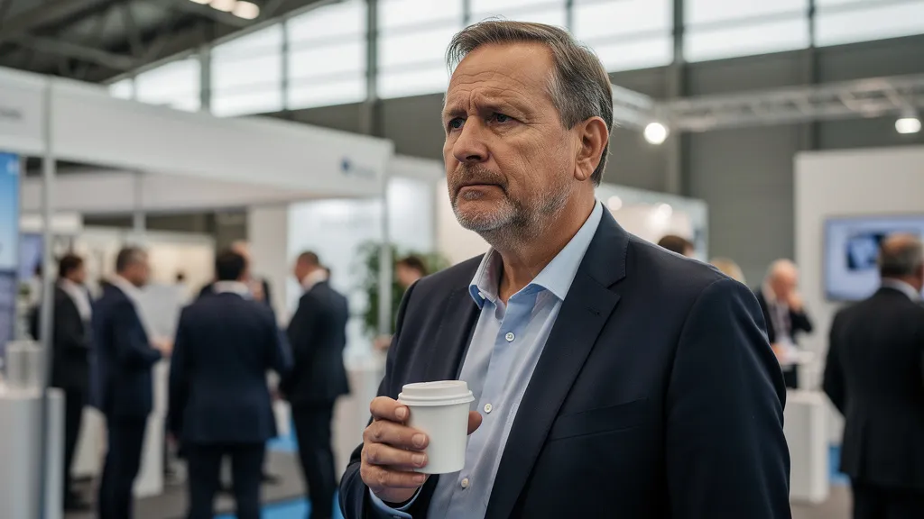 Was ist Superintelligenz: nachdenklicher Geschäftsführer auf einer Messe zwischen Fachleuten