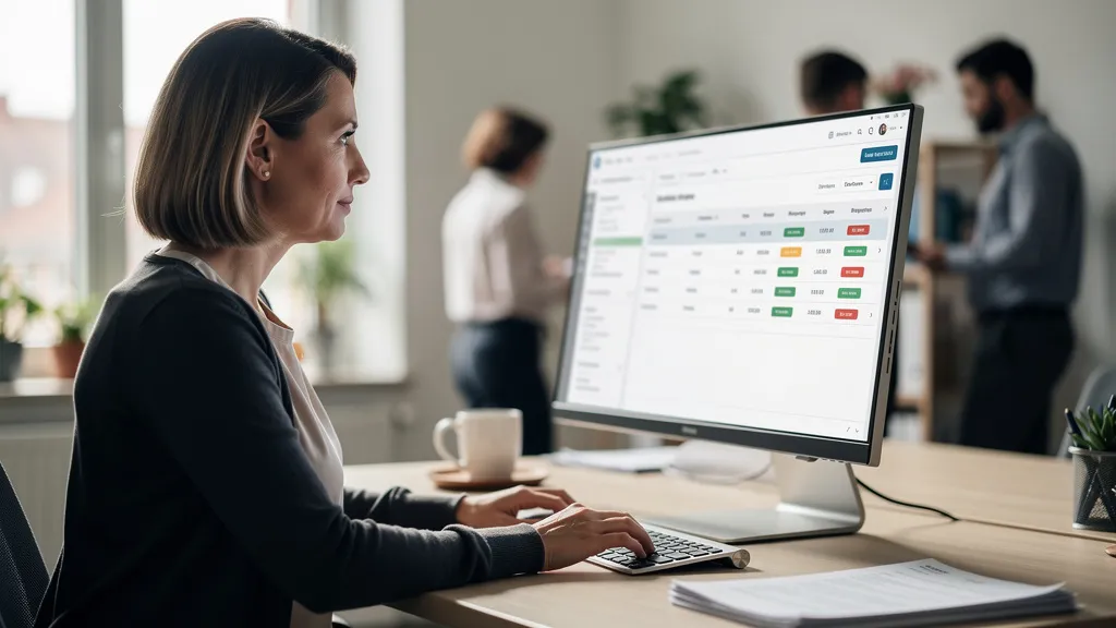 Buchhalterin im KMU-Büro prüft am Bildschirm den automatisierten Rechnungseingang mit Belegerfassung und Freigabe-Workflow