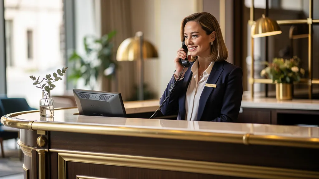 Rezeptionistin im Hotel berät am Telefon zu Zimmer-Upgrade und Zusatzleistungen für mehr Umsatz pro Buchung