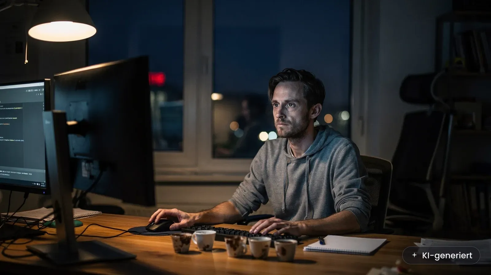 Macht KI süchtig: Entwickler arbeitet nachts allein vor zwei Monitoren im Büro (KI-generiertes Bild)