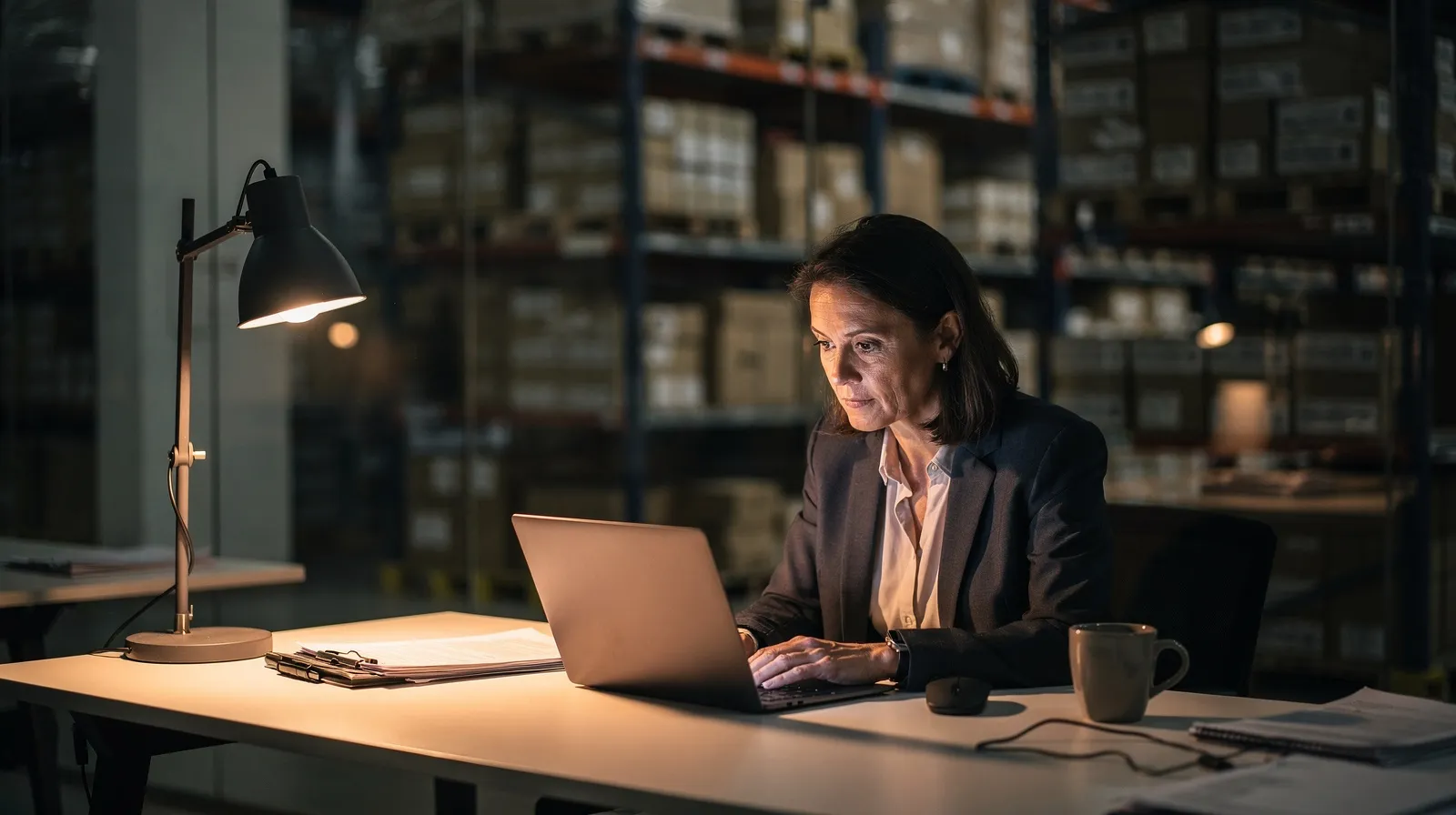 Agentic Commerce: Händlerin prüft abends KI-generierte Bestellungen im Onlineshop