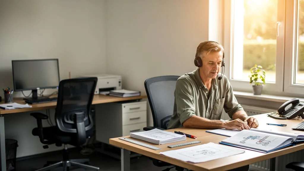 KI-Telefonassistent in der Urlaubszeit nimmt Anrufe im sommerlich leeren Büro eines KMU entgegen