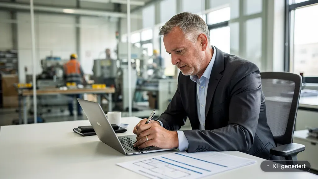 Geschäftsführer im Mittelstand plant den Schutz vor KI-Angriffen am Laptop (KI-generiertes Bild)