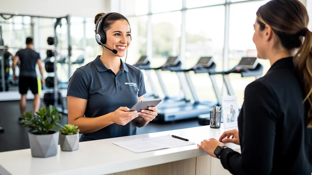 Empfangskraft im Fitnessstudio bündelt Anfragen am Tresen mit Telefon und Tablet