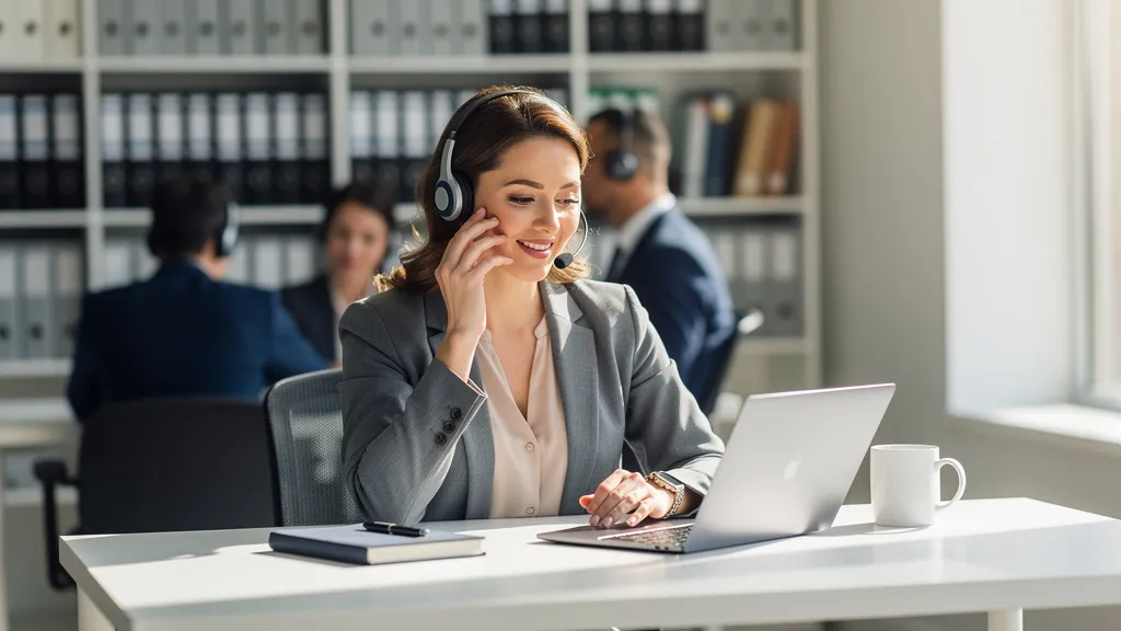 Versicherungsmaklerin betreut mehrsprachig anrufenden Kunden am Telefon im modernen Büro
