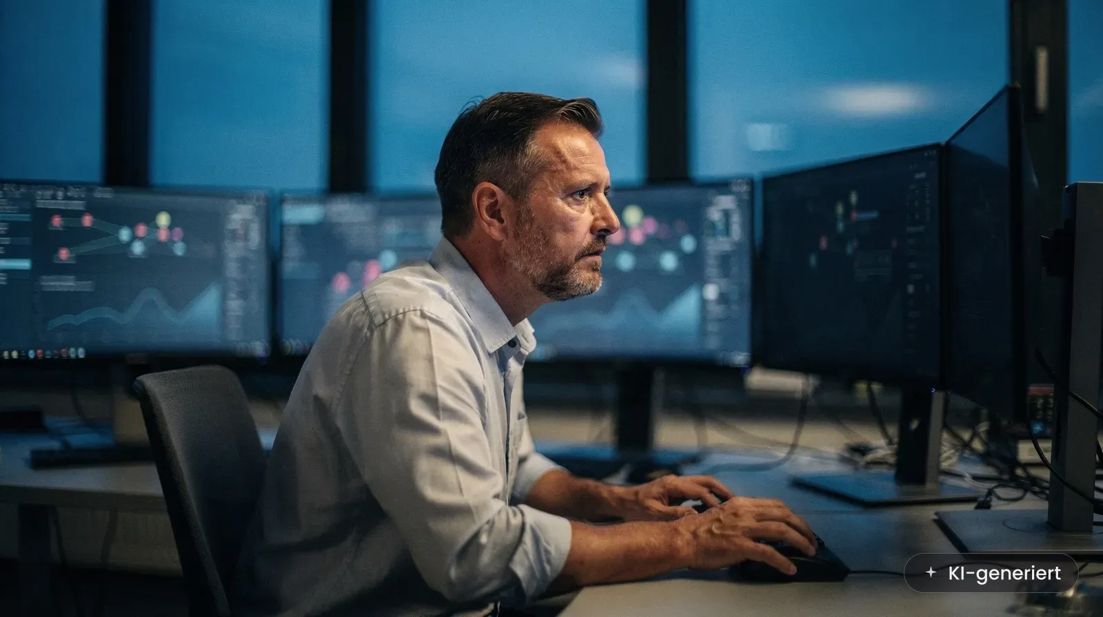 KI-Jailbreak: IT-Sicherheitsverantwortlicher prüft KI-Systeme im Security Operations Center (KI-generiertes Bild)
