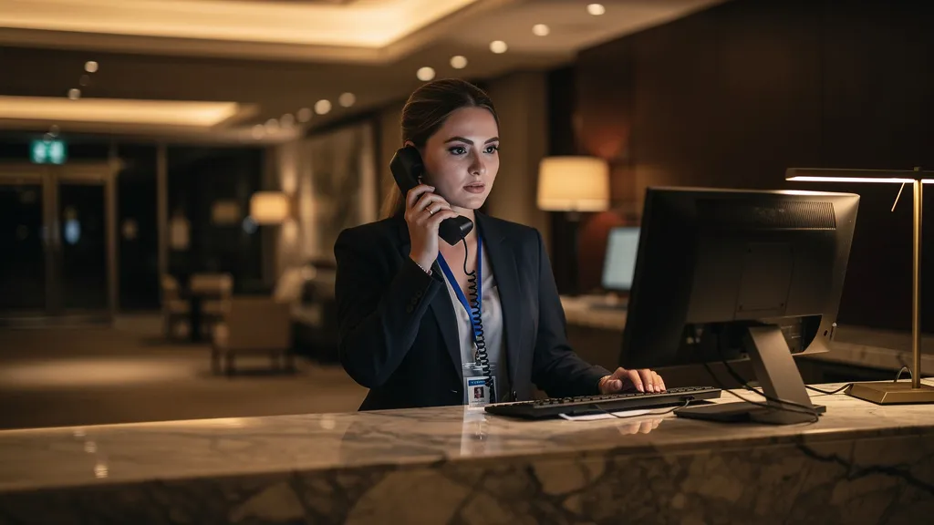 Nachtempfang eines Hotels mit Telefon, eine Mitarbeiterin nimmt einen nächtlichen Anruf entgegen und ordnet ihn ein