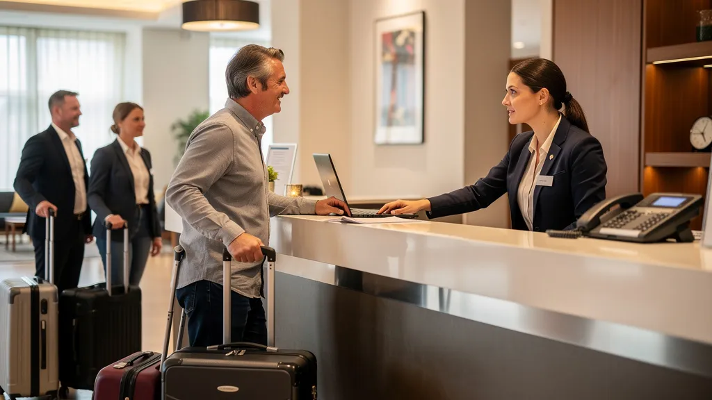 Überlastete Hotelrezeption: Empfangskraft checkt Gast ein, während am Telefon weitere Anrufe warten