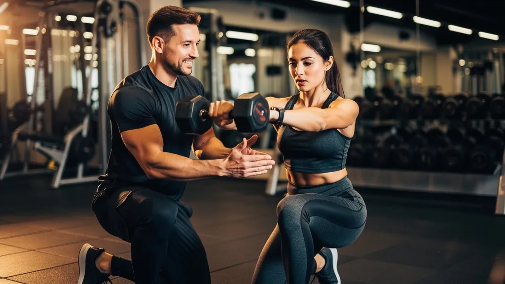 Trainer im Fitnessstudio betreut ein Mitglied beim Training statt am Telefon