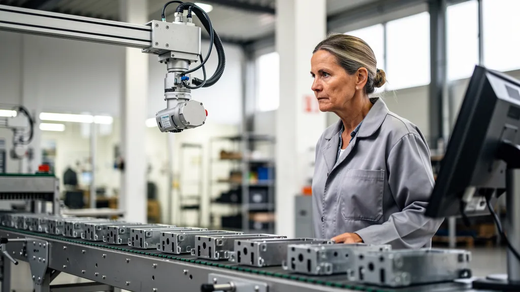 Computer Vision Qualitätskontrolle: Industriekamera prüft Metallteile auf der Fertigungslinie auf Risse