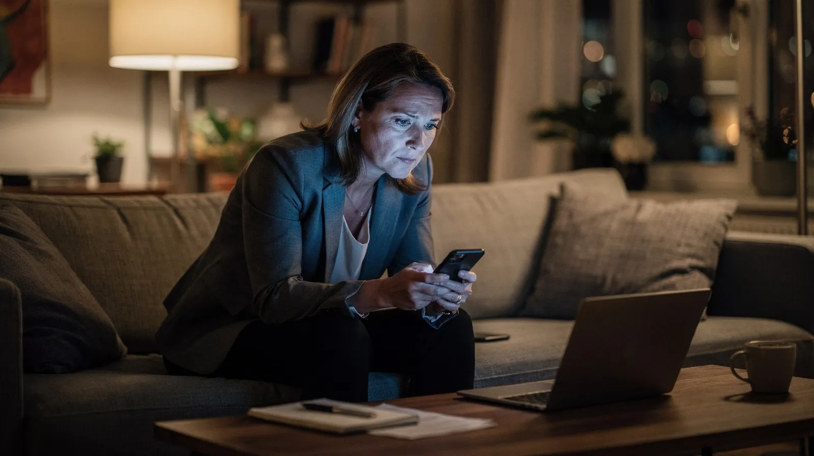 Intention Economy: Geschäftsfrau prüft abends KI-Assistenten auf dem Smartphone