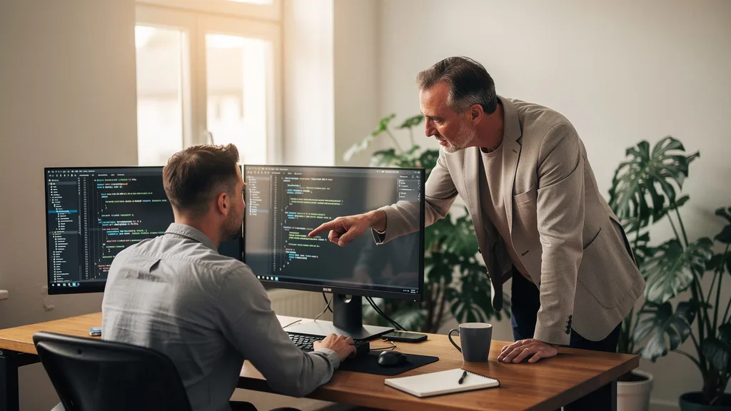 Softwareentwicklung mit KI: Entwicklerteam plant maßgeschneiderte Software für ein mittelständisches Unternehmen