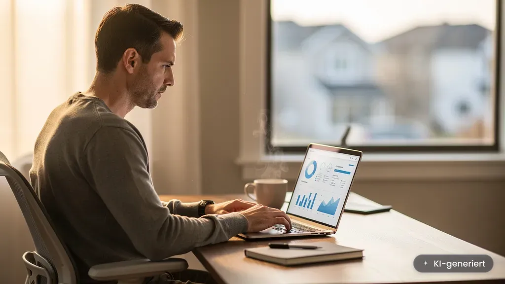 Ein-Personen-Unternehmen mit KI: Solo-Gründer am Laptop steuert mit KI-Stack seinen Betrieb (KI-generiertes Bild)