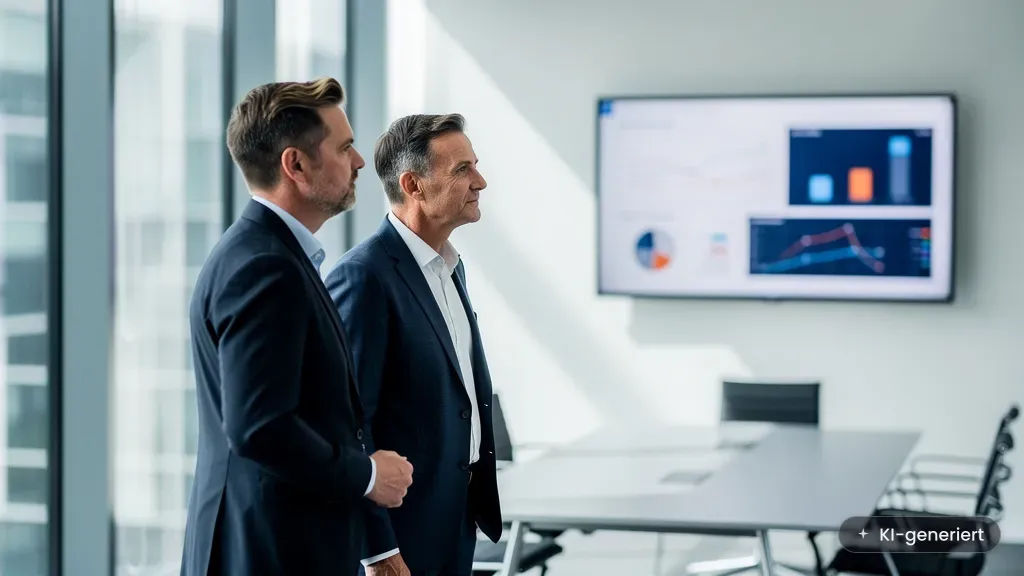 Datengetriebene Entscheidungen mit KI: zwei Geschäftsführer vor einem Datendashboard im Büro (KI-generiertes Bild)