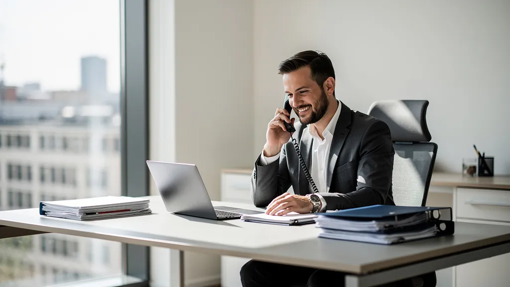 Versicherungsmakler nimmt im Büro einen Telefonanruf an, statt ihn auf den Anrufbeantworter laufen zu lassen