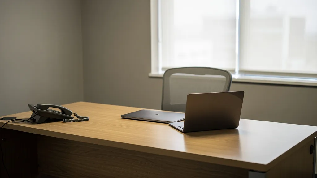 Leerer Schreibtisch in einem Maklerbüro mit Telefon während einer Abwesenheit