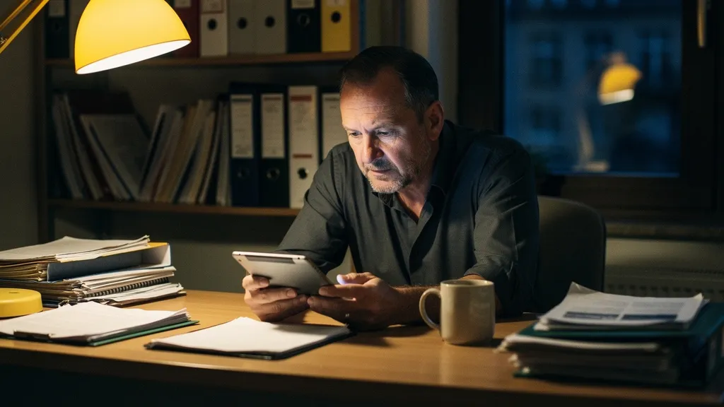 KI Newsletter statt Nachrichtenflut: Geschäftsführer prüft abends KI-Meldungen auf dem Tablet
