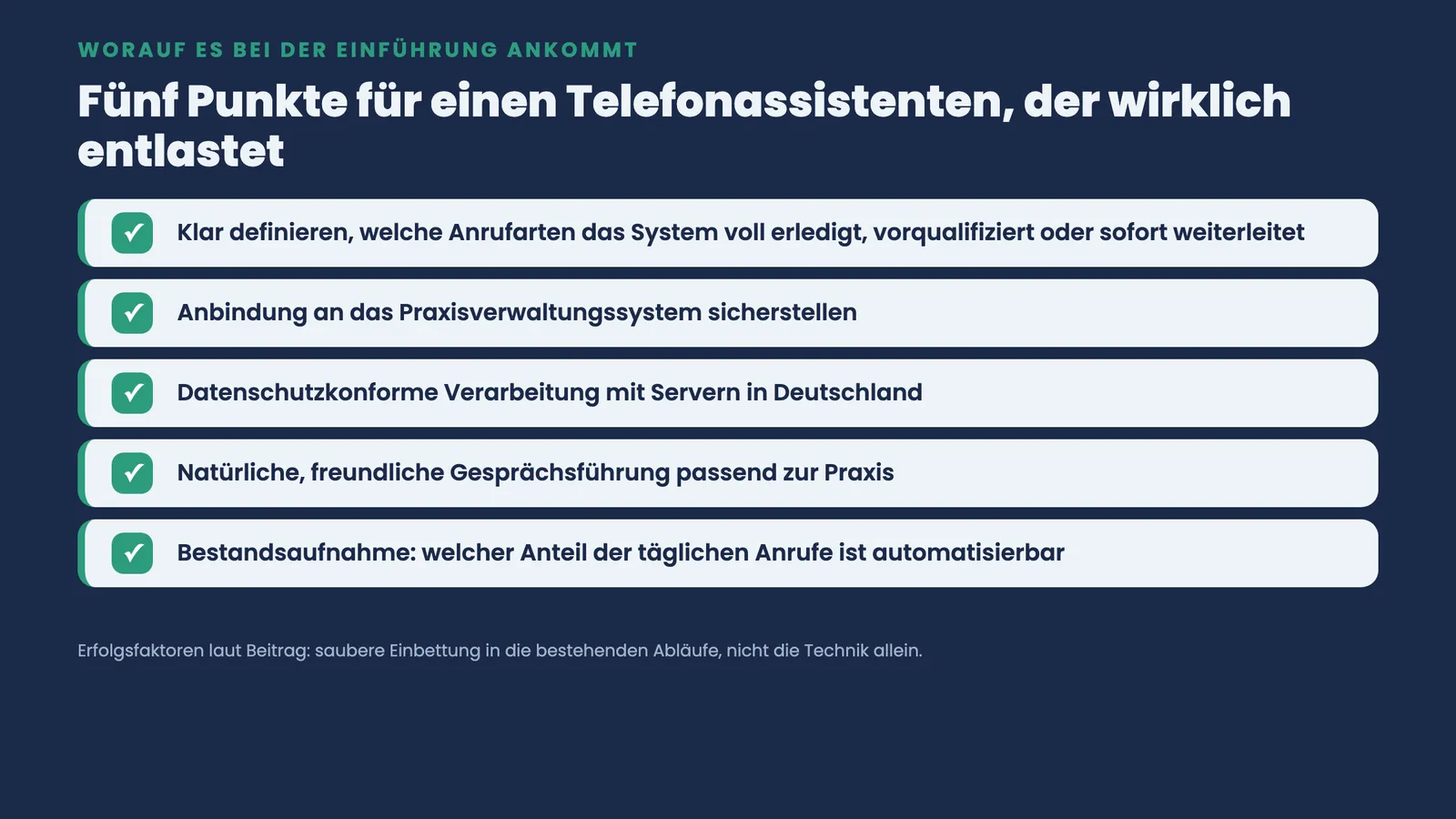 Checkliste mit fünf Erfolgsfaktoren für die Einführung eines Telefonassistenten, von Anrufdefinition bis Servern in Deutschland