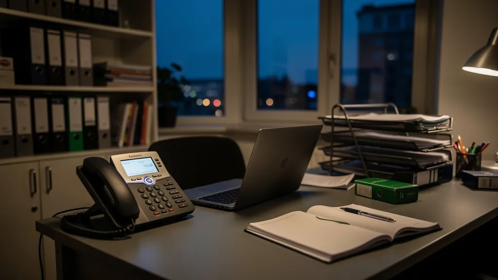 Versicherungsmakler 24/7 erreichbar: leeres Maklerbüro am Abend, beleuchtetes Telefon klingelt am Schreibtisch
