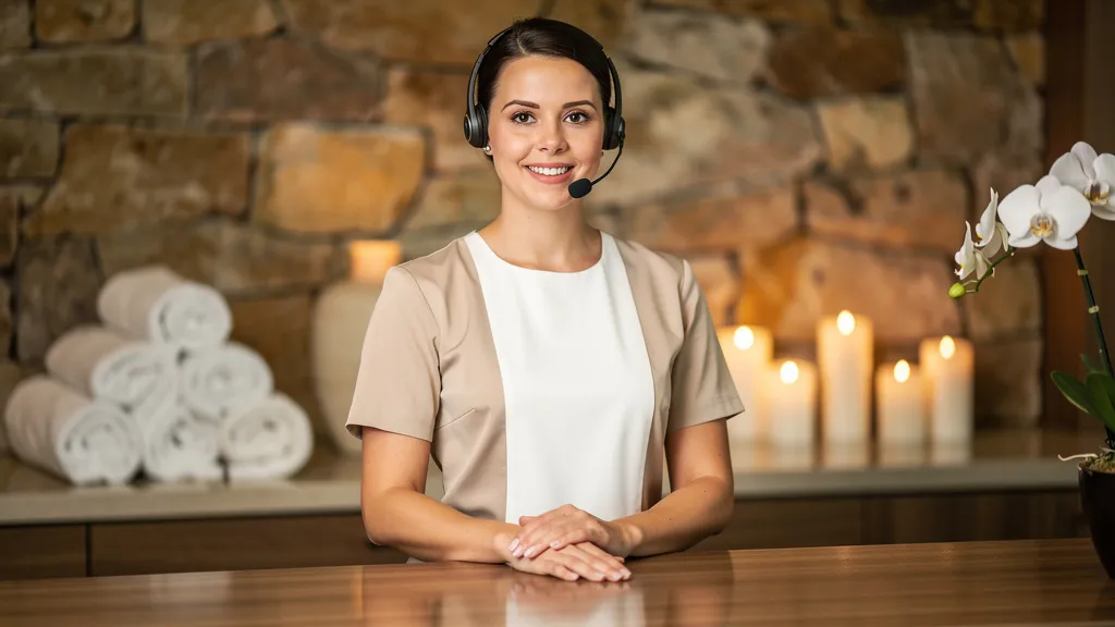 Empfangsmitarbeiterin im Wellnesshotel nimmt einen Spa-Wellness-Termin am Telefon entgegen, im Hintergrund der Spa-Bereich