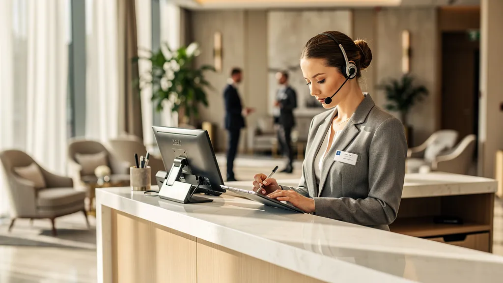 Hotelmitarbeiterin am Telefon erfasst eine Gruppenanfrage mit Tagungsraum und Zimmerkontingent für das Sales-Team
