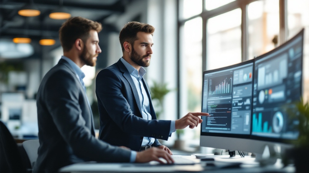 IT-Leiter und Geschäftsführer eines mittelständischen Unternehmens betrachten gemeinsam Code und Automatisierungsdaten auf einem Bildschirm im Büro