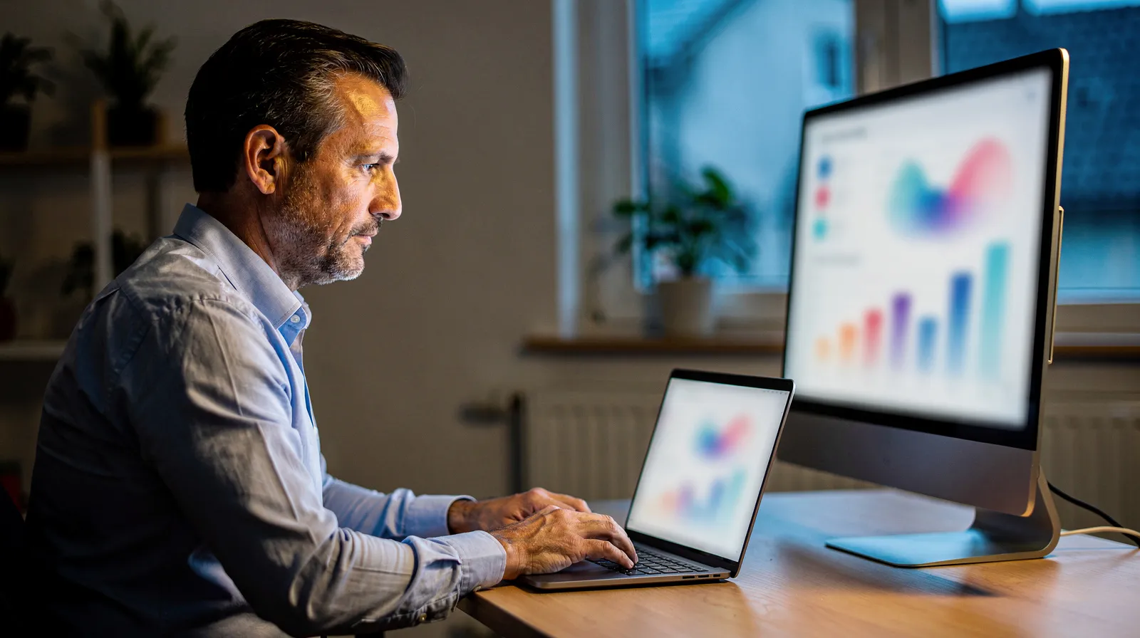 KI richtig nutzen: Geschäftsführer analysiert abends KI-Dashboards an Laptop und Monitor im Büro