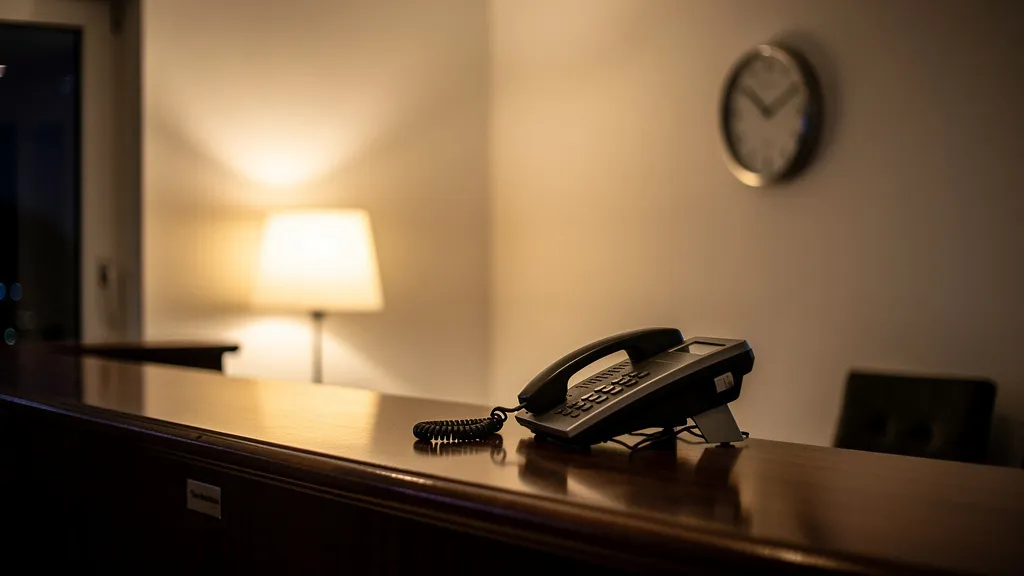 Unbesetzte Hotelrezeption am Abend, Symbolbild für ein Hotel 24/7 telefonisch erreichbar ohne Nachtschicht